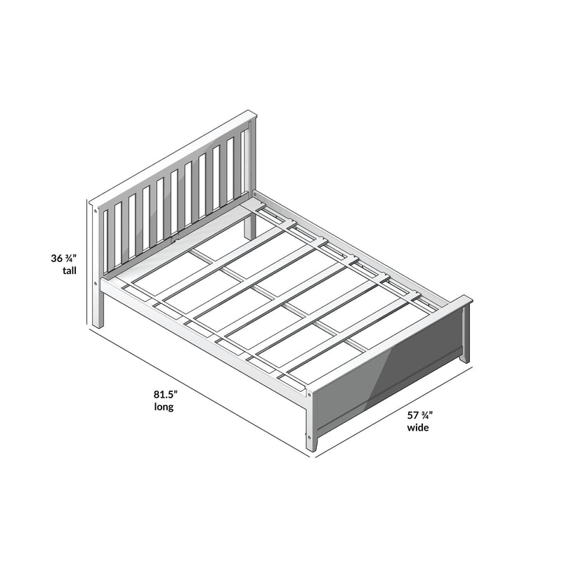 Assembly diagram of a wooden full-size platform bed frame with vertical slat headboard and slatted mattress support, dimensions 81.5″ long × 57.75″ wide × 36.75″ tall.