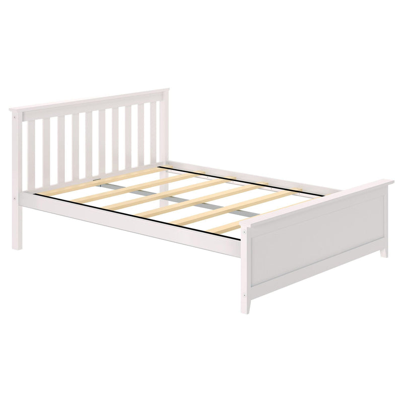 White wooden platform bed frame with vertical slatted headboard and exposed wooden mattress slats, modern farmhouse style