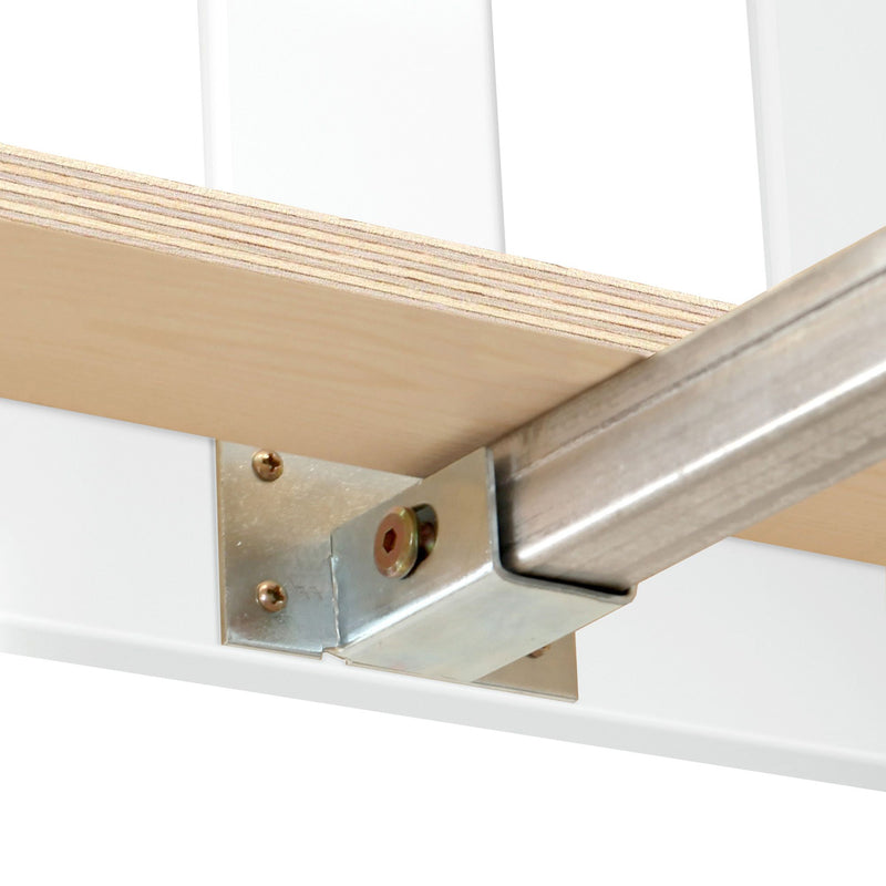 Close-up of plywood shelf edge supported by galvanized metal bracket and roller track hardware, garage shelving support detail