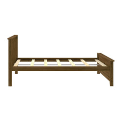 Wooden bed frame with slatted base and minimalist design.