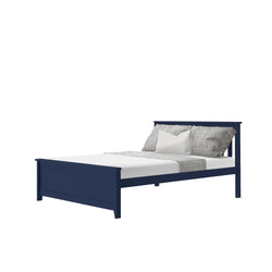 Navy blue wooden bed frame with white and gray bedding and pillows on a white background.