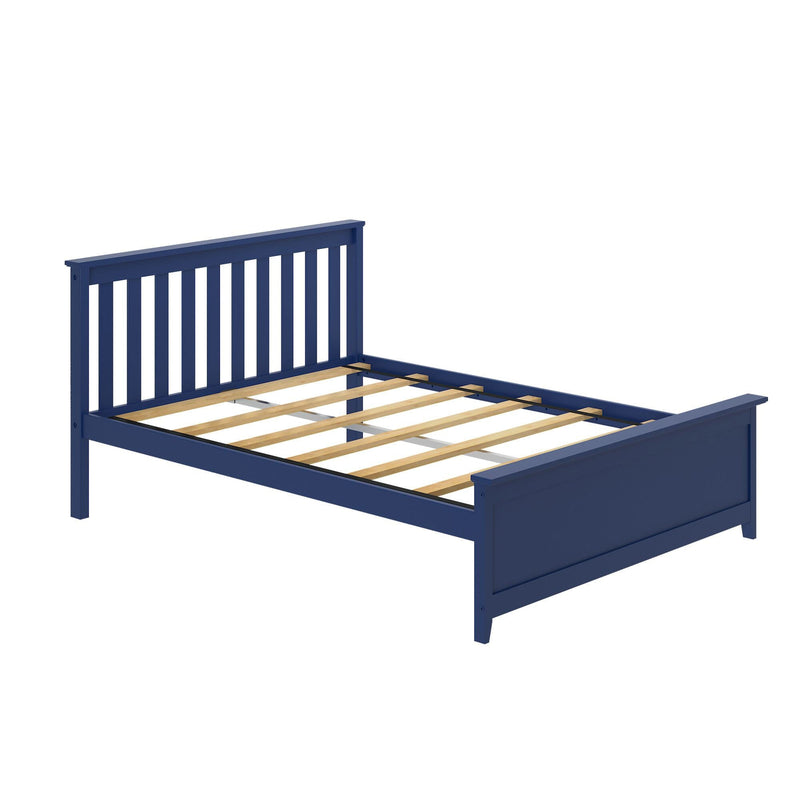 Navy blue wooden platform bed frame with slatted headboard and wooden mattress slats
