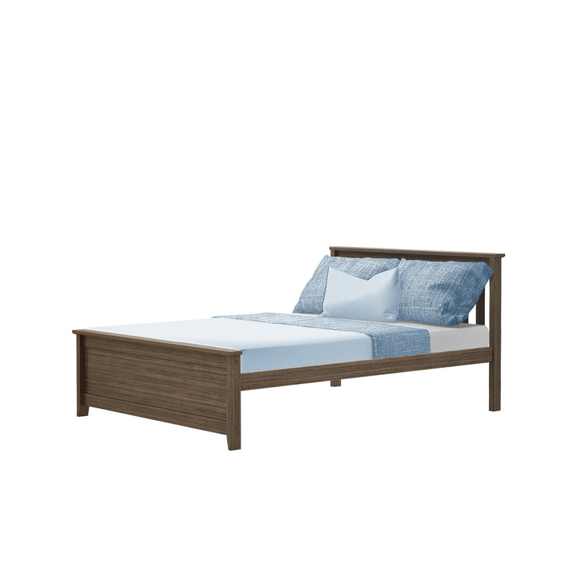 Twin-size brown wooden bed frame with light blue textured bedding and pillows, modern bedroom furniture