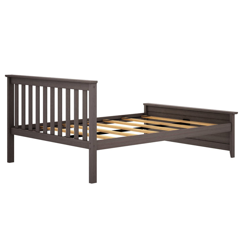 Dark gray wooden platform bed frame with vertical slatted headboard and wooden support slats
