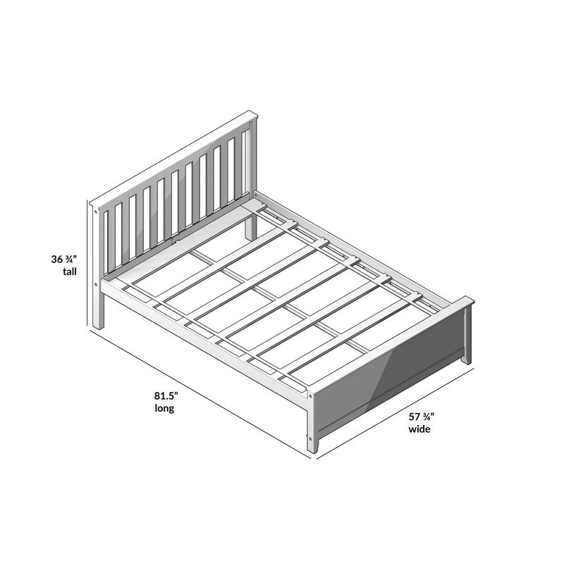Queen platform bed frame assembly diagram showing wooden slatted headboard, slat support rails and frame hardware with dimensions 81.5" long × 57.75" wide × 36.75" tall