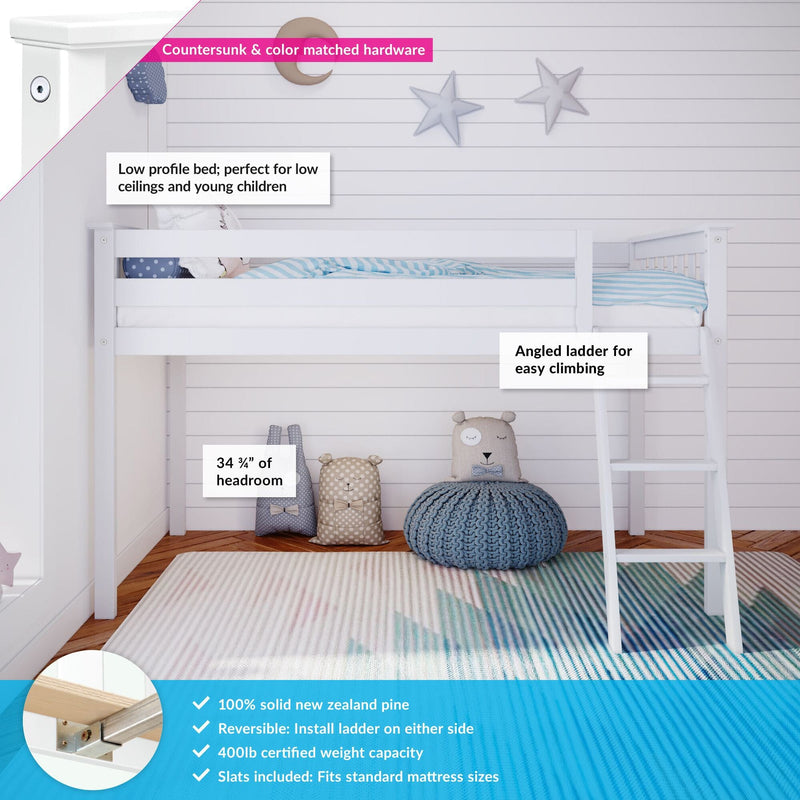 White solid pine low-profile children's loft bunk bed with angled ladder and safety rails in a cozy kids' bedroom with striped bedding and plush toys