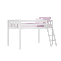 White loft bed with ladder and purple bedding for kids' room.