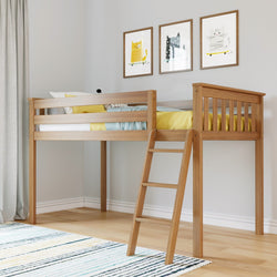 Wooden loft bed with ladder in stylish children's room featuring cat-themed wall art.
