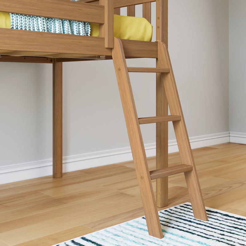 Wooden loft bed ladder and oak frame in children's bedroom with yellow bedding, blue woven throw, hardwood floor and striped rug