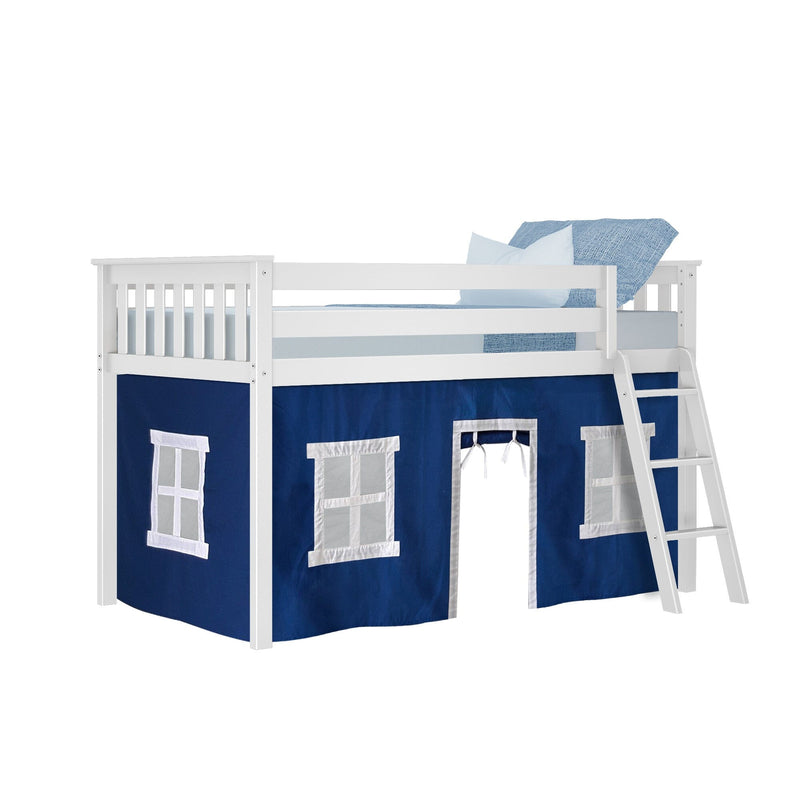 White wooden loft bed with ladder and navy blue playhouse curtains featuring window cutouts, twin kids' bed with play area for children's bedroom
