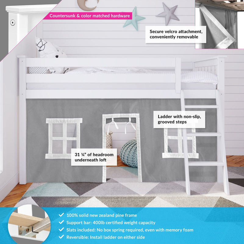 White wooden kids loft bed with gray playhouse curtain and velcro attachment, ladder with non-slip grooved steps, spacious under-loft play area