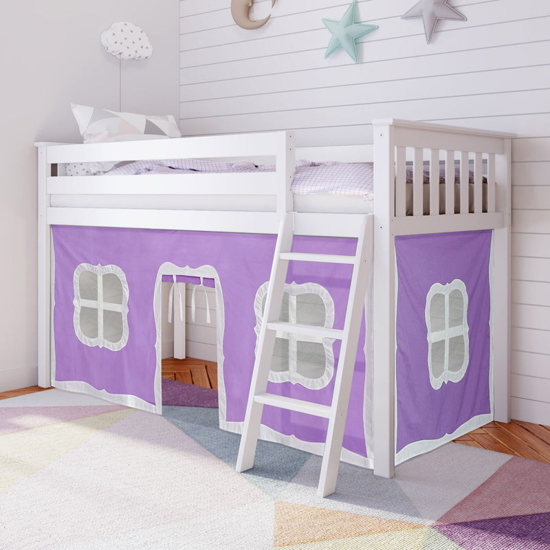 White wooden loft bed with ladder and purple playhouse curtain in pastel children's bedroom, cozy kids' sleep-and-play loft