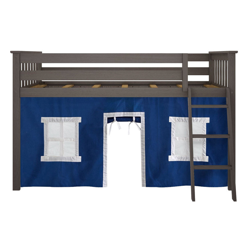 Gray wooden loft-style kids bed with ladder and blue playhouse curtain featuring white window panels and center doorway, children's bunk bed play tent