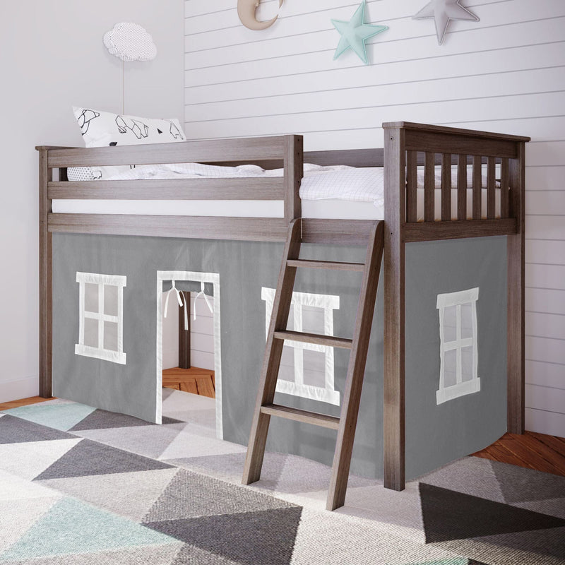 Kids wooden loft bed with ladder and gray playhouse curtain under-bed with white window cutouts, geometric rug and star wall decor