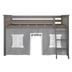 Gray wooden loft bed with ladder and playhouse curtain featuring windows and a door.