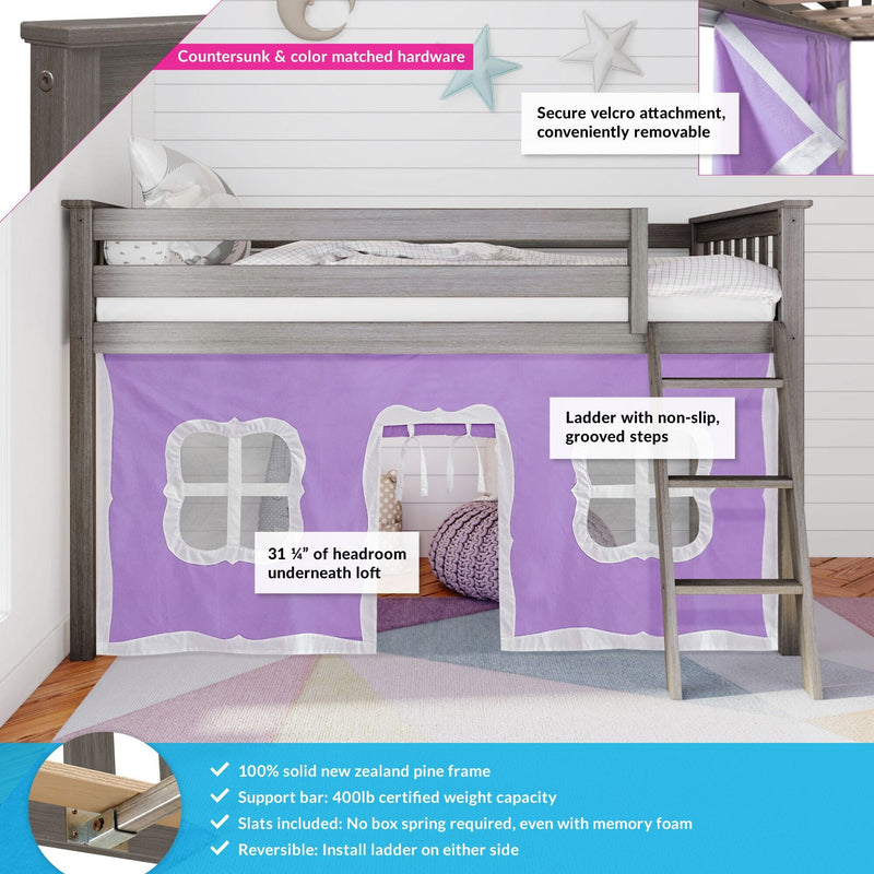 Gray solid New Zealand pine kids loft bed with purple play-tent curtain, right-side ladder, under-bed play area, 31.25 in headroom and 400 lb support capacity