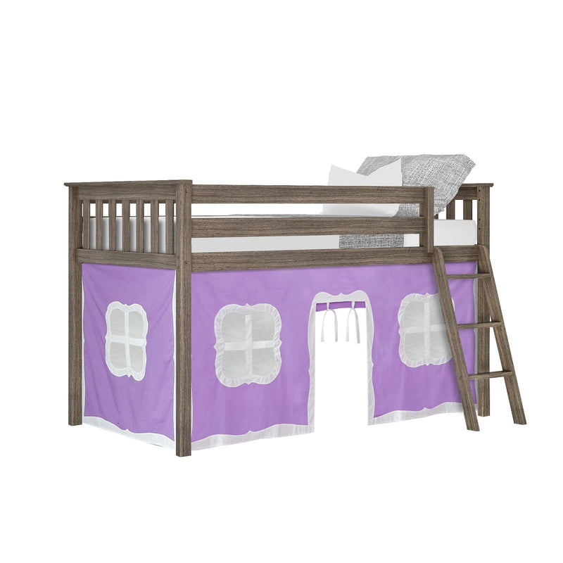 Twin gray wood loft bed with ladder and purple play-tent curtains forming under-bed playhouse for kids' bedroom