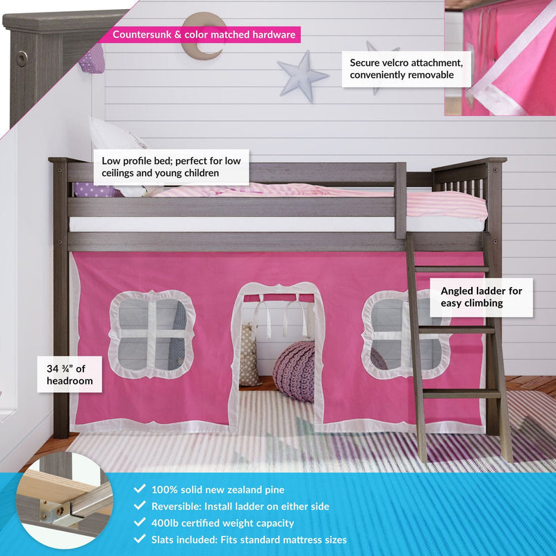 Low-profile kids loft bed with pink play-tent curtains and angled ladder, under-bed play space, solid New Zealand pine, reversible ladder, 400 lb capacity