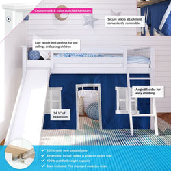 -180213002022 : Loft Beds Twin Low Loft with Slide and Blue Curtains, White