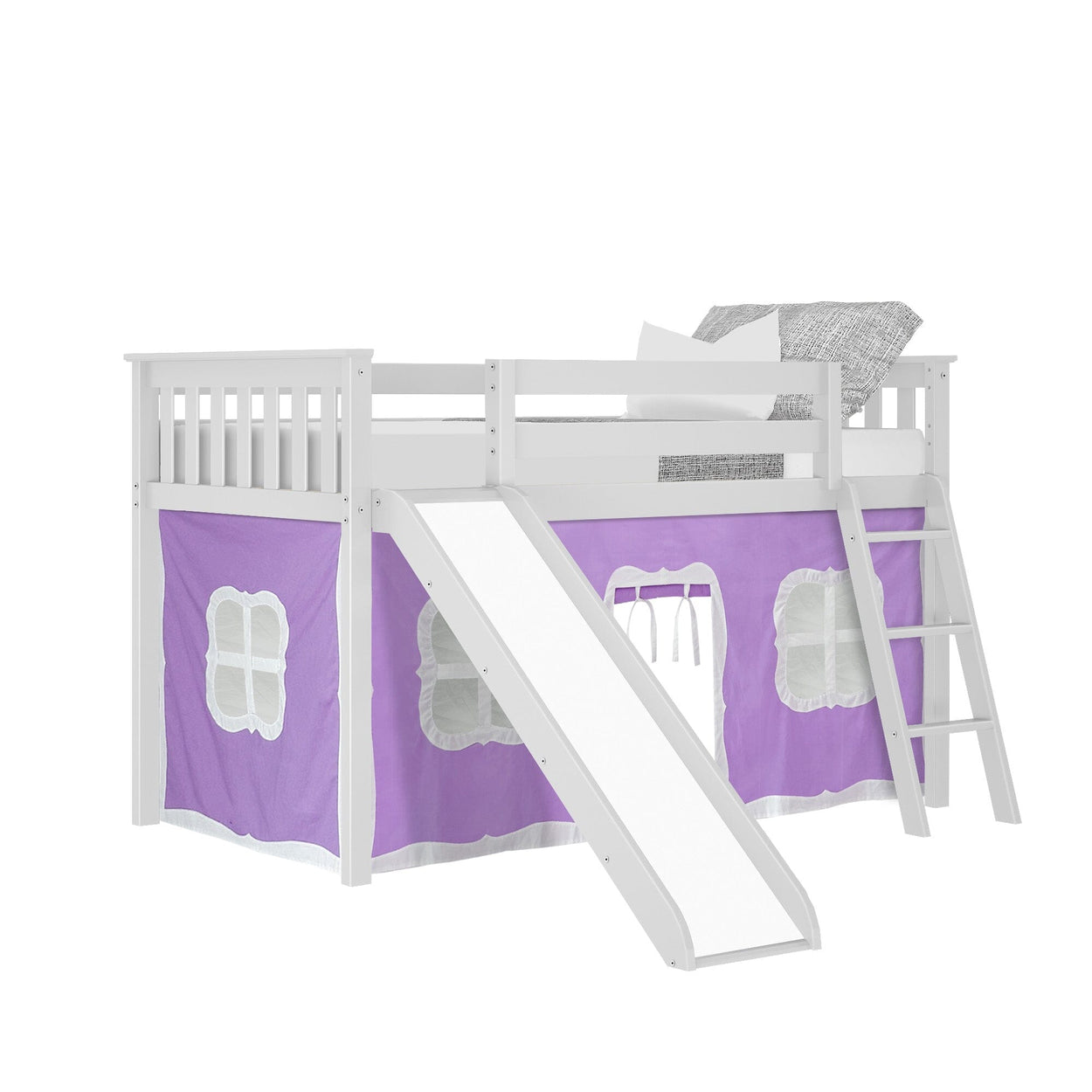 180213002061 : Loft Beds Twin-Size Low Loft with Slide with Curtain, White + Purple Curtain