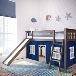 180213151022 : Loft Beds Twin-Size Low Loft with Slide with Curtain, Clay + Blue