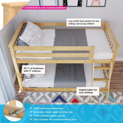 Natural solid New Zealand pine twin-over-twin children's low-profile bunk bed with angled reversible ladder, countersunk hardware, 400 lb weight capacity, fits standard 5" mattresses, 31 1/4" headroom.