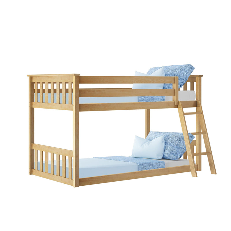 Natural wood twin-over-twin bunk bed with ladder, light blue bedding and pillows, modern kids loft bed on white background