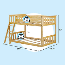 Solid pine bunk bed with ladder in natural finish, 400 lb capacity per bunk, dimensions 81.5" L x 54.25" W x 50" H, 31" clearance, slatted rails, space-saving kids bedroom furniture
