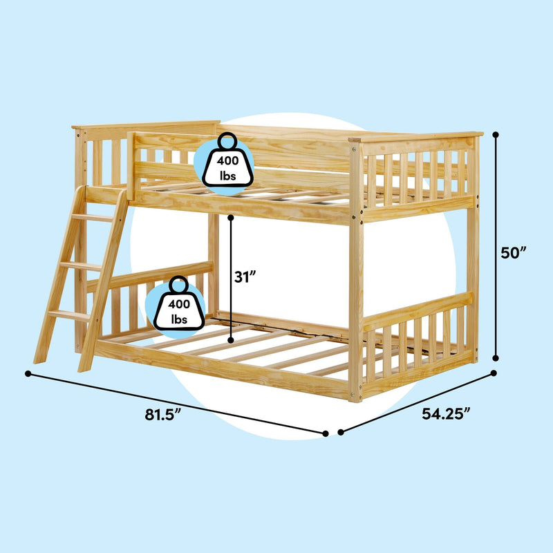 Natural pine twin-over-full wooden bunk bed with angled ladder, 400 lb weight capacity per bunk, 31 in clearance between beds, overall dimensions 81.5 in L x 54.25 in W x 50 in H, space-saving loft bed for kids and teens