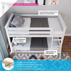 White solid New Zealand pine twin-over-twin bunk bed with low-profile frame, angled reversible ladder, 400 lb weight capacity, fits standard mattresses