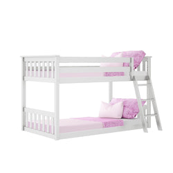 White painted wooden twin-over-twin bunk bed with angled ladder, pink bedding and pillows — space-saving kids bedroom furniture