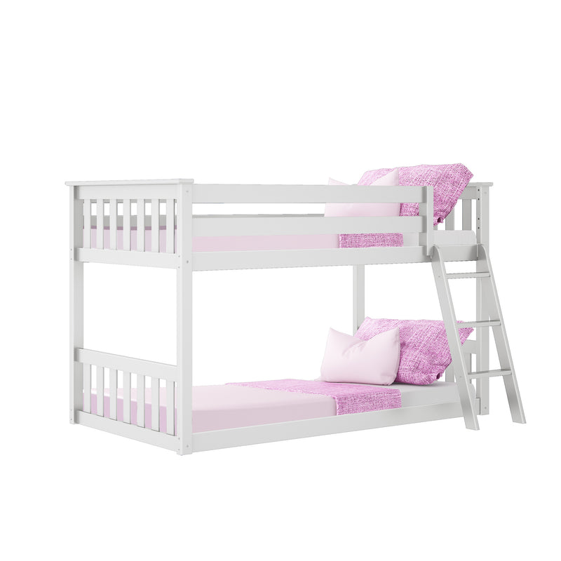 White painted wooden twin-over-twin bunk bed with angled ladder, pink bedding and pillows — space-saving kids bedroom furniture