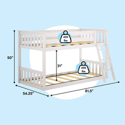 White wooden twin-over-full bunk bed with ladder, space-saving kids' design with 31-inch under-bed clearance, dimensions 81.5 in L × 54.25 in W × 50 in H, 400 lb capacity per bed