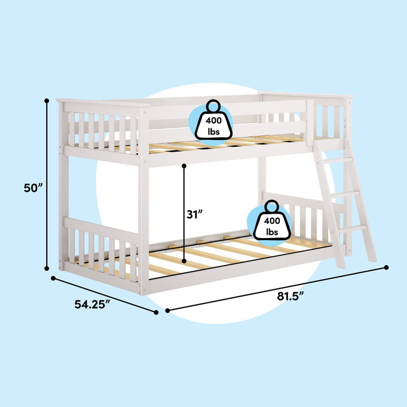 White wooden twin-over-full bunk bed with ladder, space-saving kids' design with 31-inch under-bed clearance, dimensions 81.5 in L × 54.25 in W × 50 in H, 400 lb capacity per bed