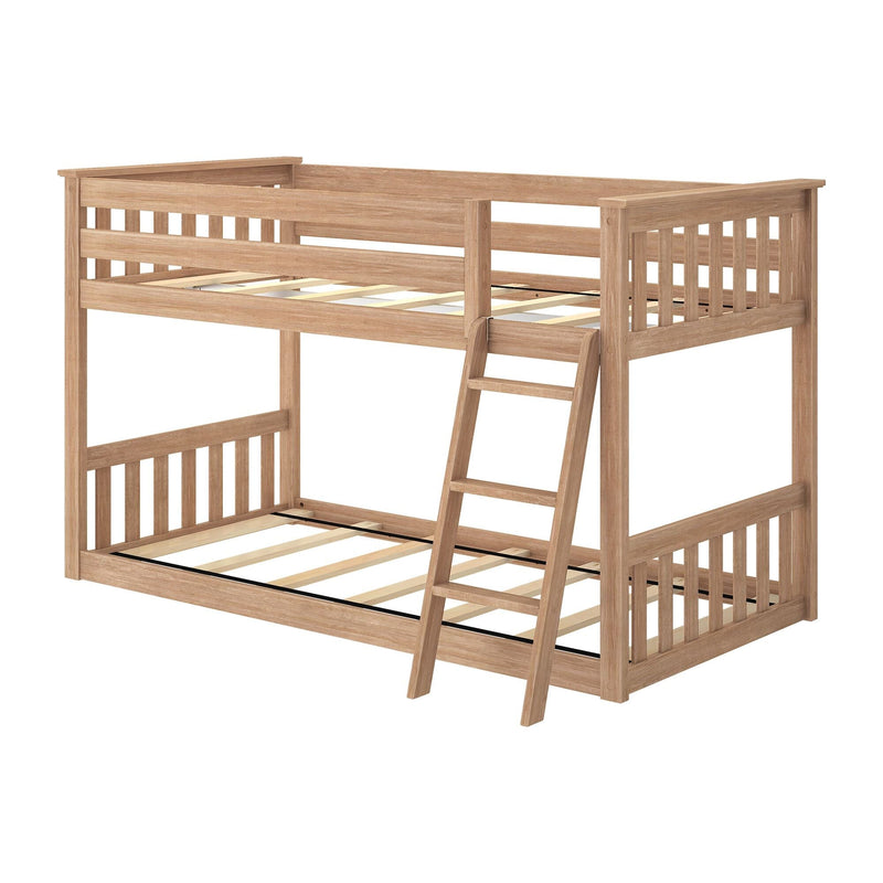Natural oak solid wood twin-over-full bunk bed with ladder, slatted headboard and footboard, sturdy slat mattress support, space-saving kids' bedroom furniture