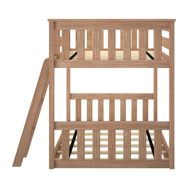 Light oak wooden loft bunk bed frame with vertical slatted guardrails, side ladder and slatted mattress platform, modern rustic design