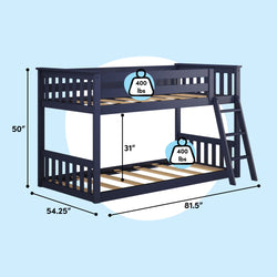 Navy blue wooden twin-over-twin bunk bed with angled ladder and slatted platforms, 81.5 in L × 54.25 in W × 50 in H, 31 in clearance between beds, 400 lb weight capacity per bed — space-saving kids' bedroom solution