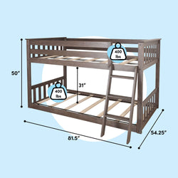 Gray solid wood twin-over-full bunk bed with ladder and slatted platform, 31" under-top clearance, 400 lb weight capacity per bed, dimensions 81.5" L × 54.25" W × 50" H — sturdy space-saving kids' bedroom bunk.