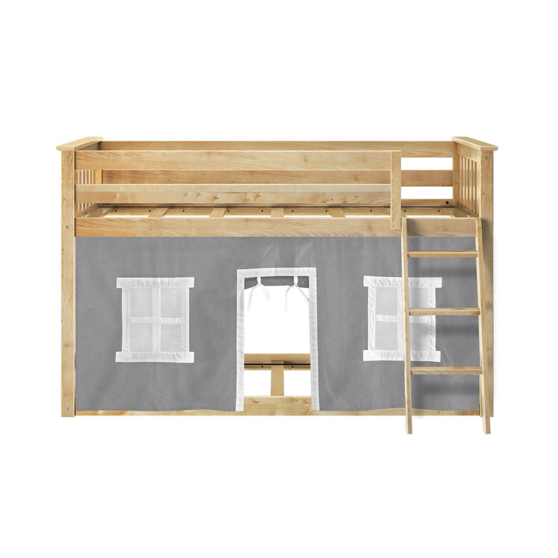 Kids loft bed in light natural wood with ladder and gray fabric playhouse curtain featuring window cutouts and doorway