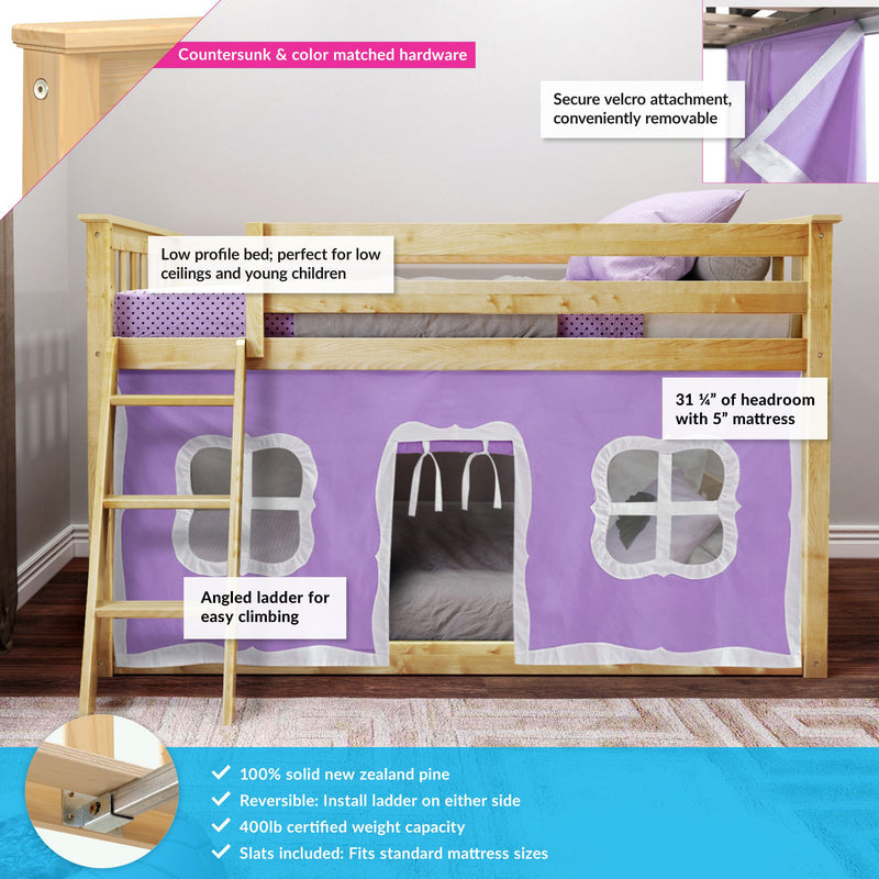 Low-profile solid pine kids loft bed with purple play-tent curtain, angled ladder, reversible ladder position, 400 lb capacity and secure Velcro attachments