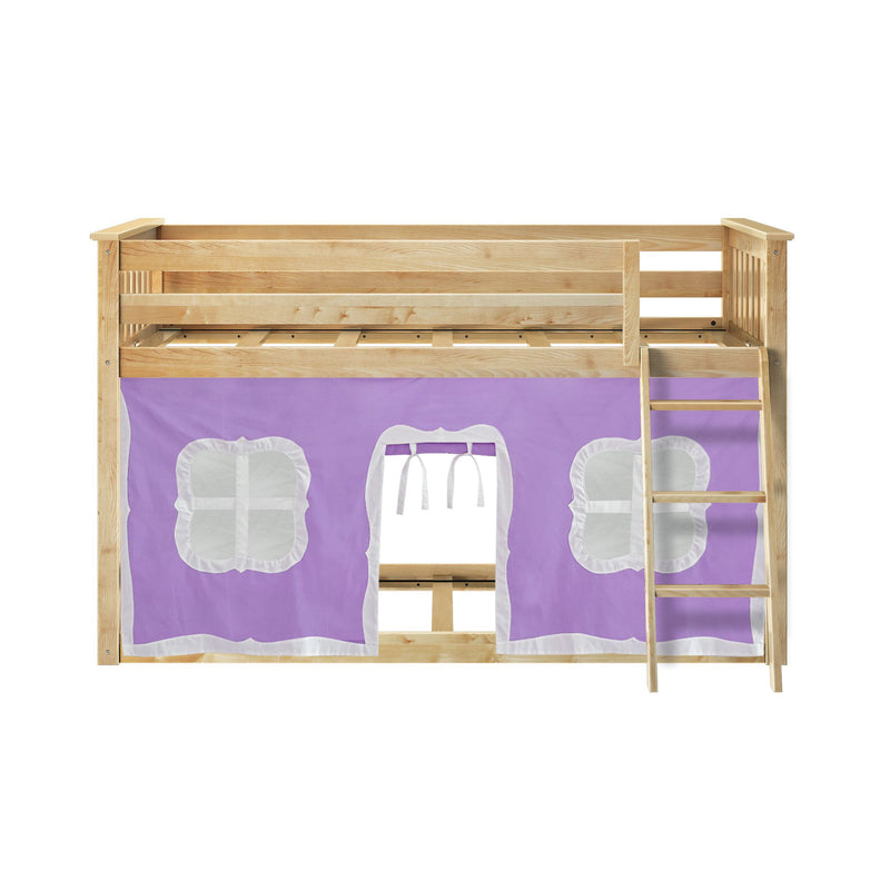 Natural pine loft bed with ladder and purple playhouse curtain – kids twin loft bed frame for small bedrooms