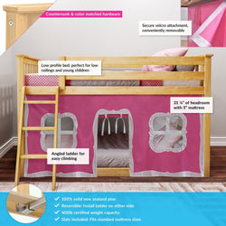 Wooden loft bed for kids with pink canopy, showcasing low profile design, angled ladder, secure velcro attachments, and reversible assembly made from solid New Zealand pine.