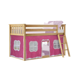 Children's wooden loft bed with pink playhouse tent and ladder, perfect for small bedrooms.