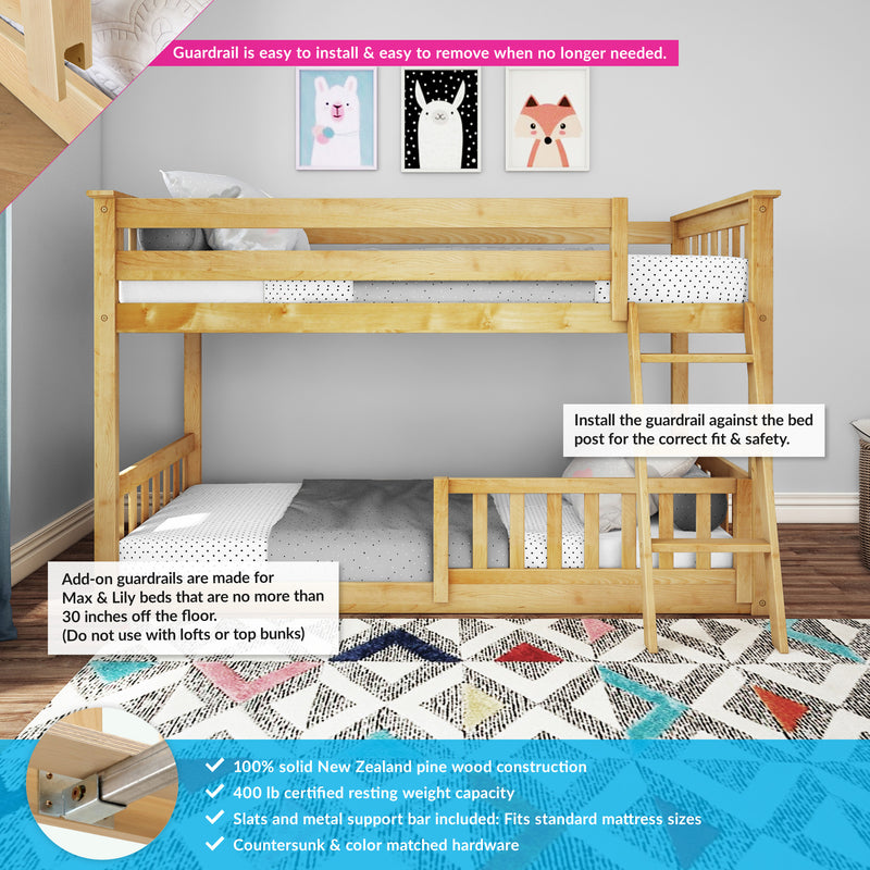 Solid pine bunk bed with removable easy-install guardrail and ladder, children's twin loft bed with safety rails, polka dot bedding and animal wall art