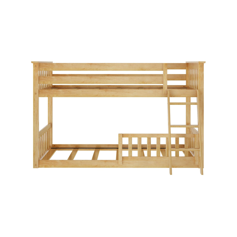 Solid natural wood twin-over-twin bunk bed with ladder and slatted mattress supports, space-saving children's bedroom furniture in light wood finish