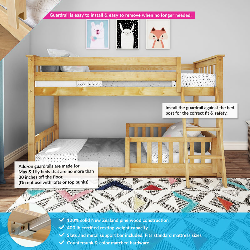 Solid pine children's bunk bed with removable safety guardrail and ladder, polka-dot bedding and framed animal prints in a modern kids' bedroom