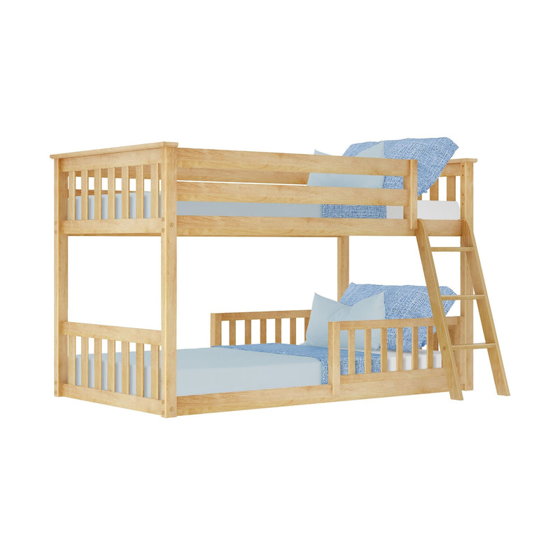 Natural pine wooden bunk bed with ladder, slatted guardrails and blue bedding, durable kids' bedroom loft bed setup