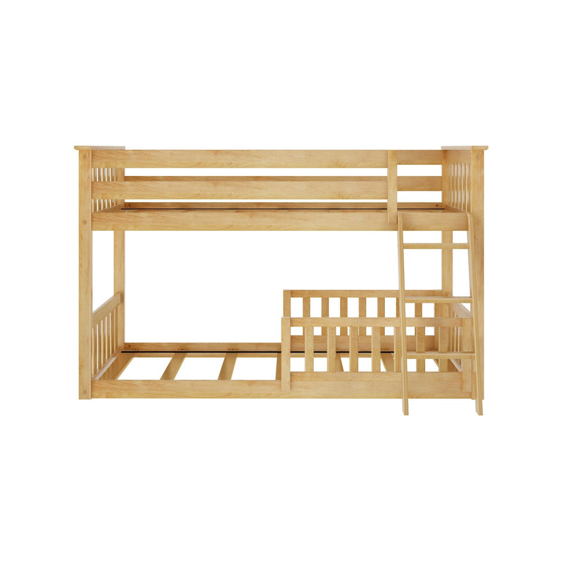 Solid wood bunk bed with ladder and slatted guardrails in a natural light finish on white background