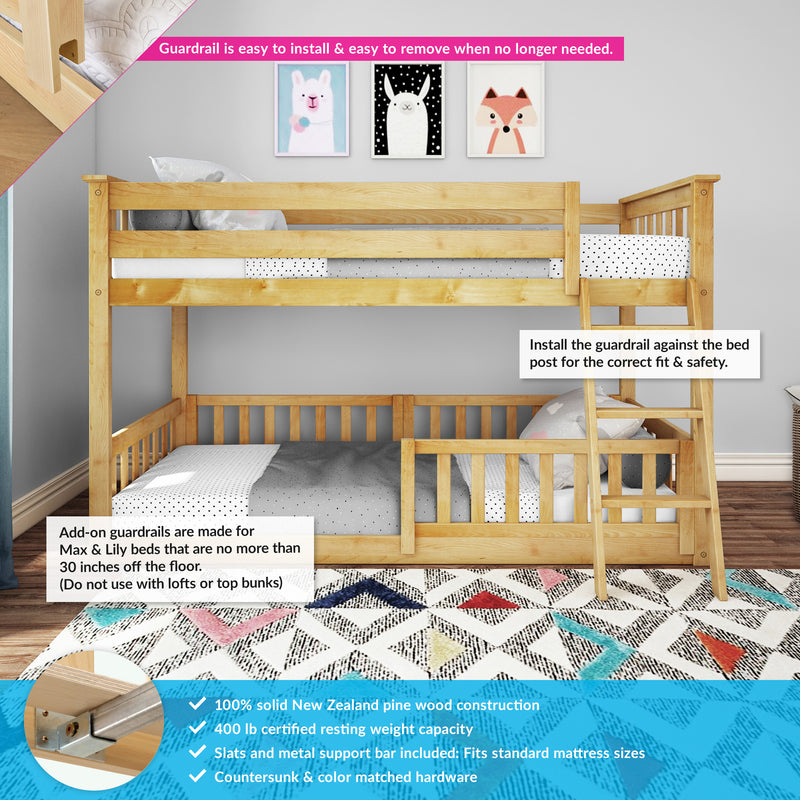 Solid pine twin-over-twin bunk bed with removable safety guardrail and ladder in a children's bedroom, polka-dot bedding and framed animal prints