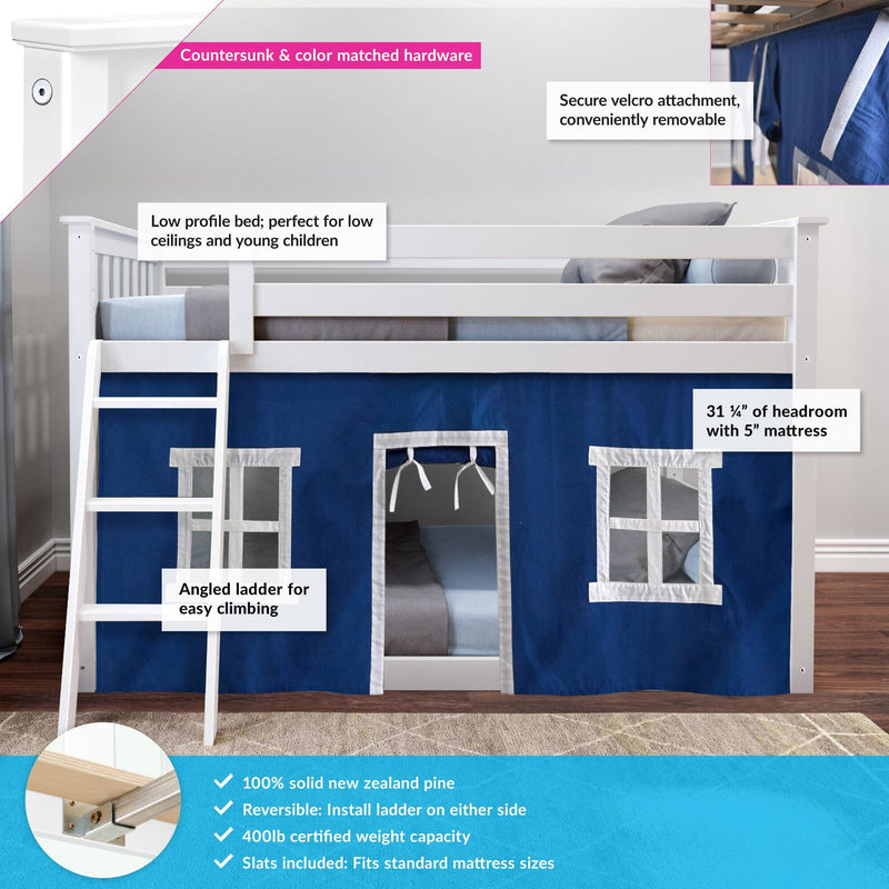 White low profile bunk bed with blue curtains, angled ladder, and removable velcro attachment, made from New Zealand pine.